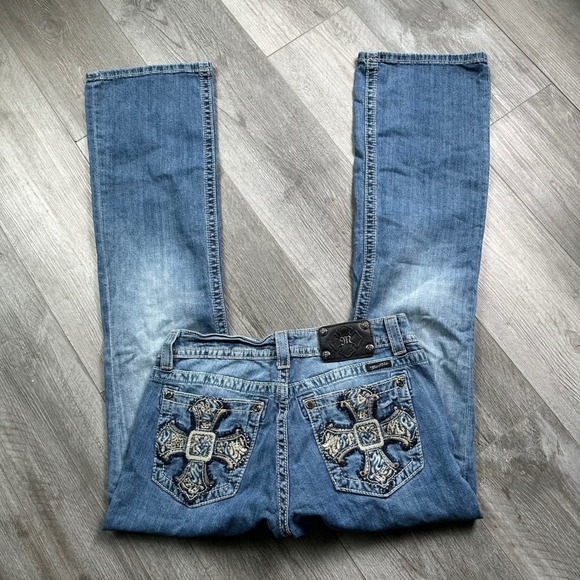 Miss Me Denim - Miss Me Bootcut Jeans Size 31 Embellished Cross Pockets Medium Wash Y2K lowrise